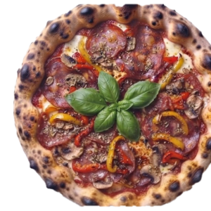Pizza Andalouse : tomate, Fior di latte, Chorizo, Poivrons, Épices