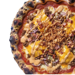 Pizza Brooklyn : tomate, Fior di latte, Viande hachée, Bacon, Cheddar, Oignons rouges, Oignons frits, Sauce burger