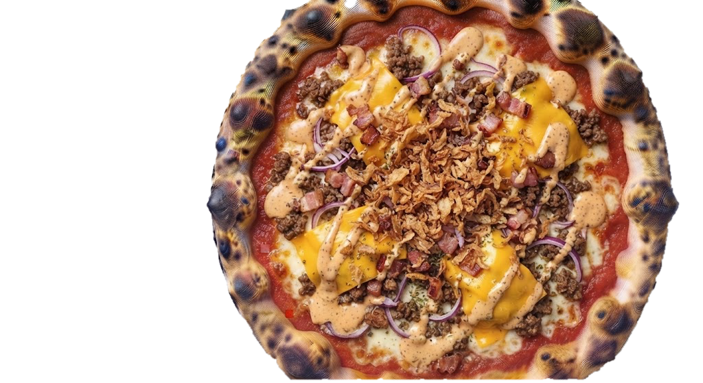 Pizza Brooklyn : tomate, Fior di latte, Viande hachée, Bacon, Cheddar, Oignons rouges, Oignons frits, Sauce burger