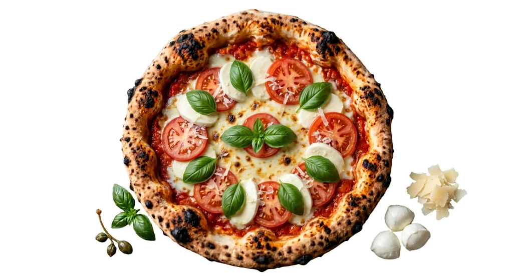 Pizza Calabraise : tomate, Fior di latte, Tomates fraîches, Tranches de mozza, Basilic, Copeaux de parmesan