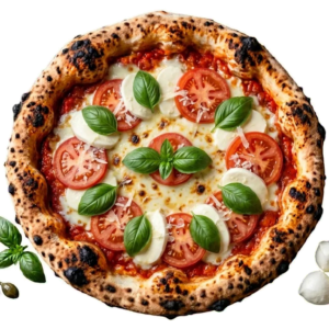 Pizza Calabraise : tomate, Fior di latte, Tomates fraîches, Tranches de mozza, Basilic, Copeaux de parmesan