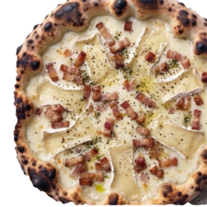 Pizza Camembert : crème liquide, Fior di latte, Lardons, Camembert
