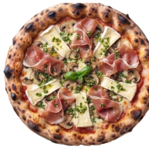 Pizza Campagnarde : tomate, Fior di latte, Champignons, Camembert, Jambon de Parme, Persillade
