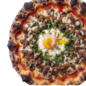 Pizza Cannibale : tomate, Fior di latte, Champignons, Viande hachée, Oignons confits, Oeuf, Persillade