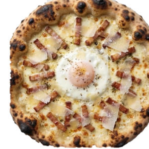 Pizza Carbonara : crème liquide, Fior di latte, Lardons, Oeuf, Copeaux de parmesan