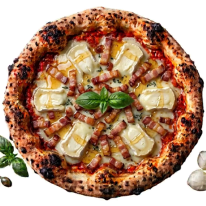 Pizza Chèvre Miel : tomate, Fior di latte, Jambon ou lardons, Chèvre, Miel