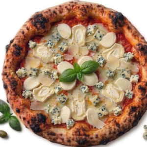 Pizza Cinque Formaggi : tomate, Fior di latte, Chèvre, Roquefort, Tranches de mozza, Gorgonzola, Copeaux de parmesan, Persillade