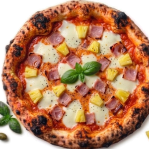 Pizza Hawaii : tomate, Fior di latte, Jambon ou poulet, Ananas, Crème liquide