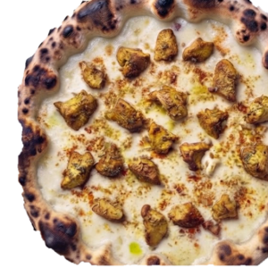 Pizza Indienne : crème liquide, Fior di latte, Poulet, Épices indiennes