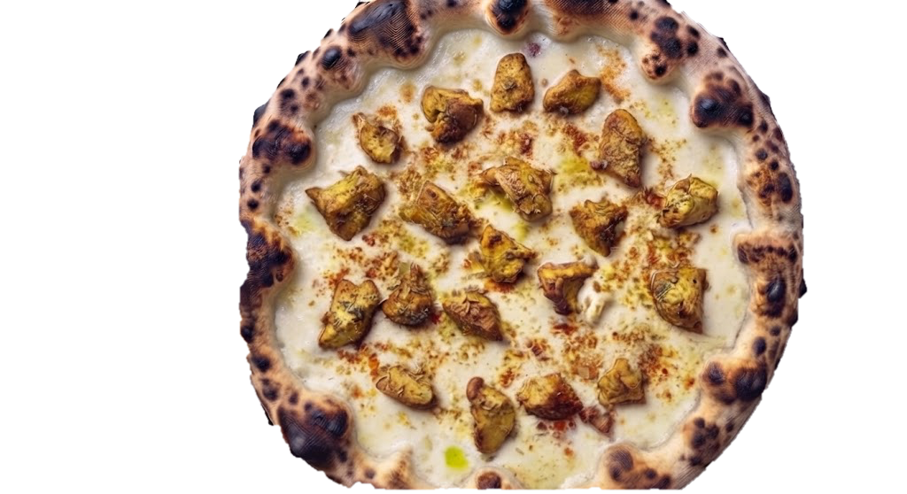 Pizza Indienne : crème liquide, Fior di latte, Poulet, Épices indiennes