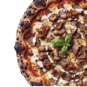 Pizza Kebab : tomate, Fior di latte, Viande kebab, Oignons confits, Sauce blanche
