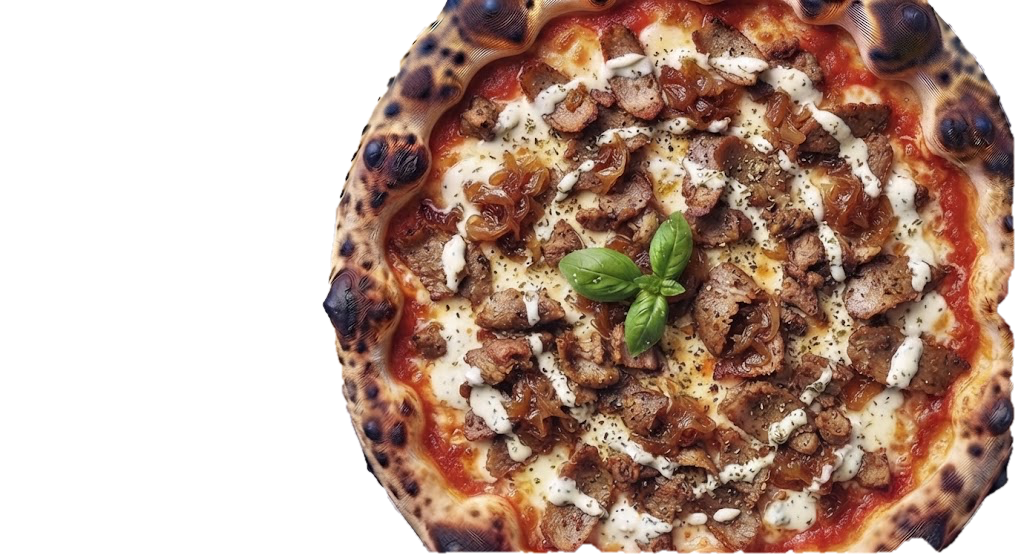 Pizza Kebab : tomate, Fior di latte, Viande kebab, Oignons confits, Sauce blanche