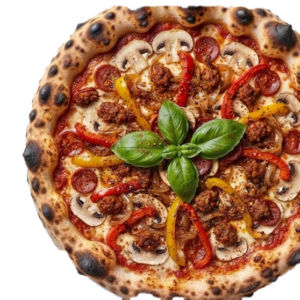 Pizza Mexicaine : tomate, Fior di latte, Champignons, Merguez, Chorizo, Poivrons, Oignons confits, Épices