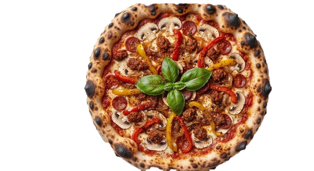 Pizza Mexicaine : tomate, Fior di latte, Champignons, Merguez, Chorizo, Poivrons, Oignons confits, Épices