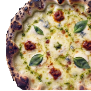 Pizza NDuja : crème liquide, Pesto, Fior di latte, Nduja, Gorgonzola