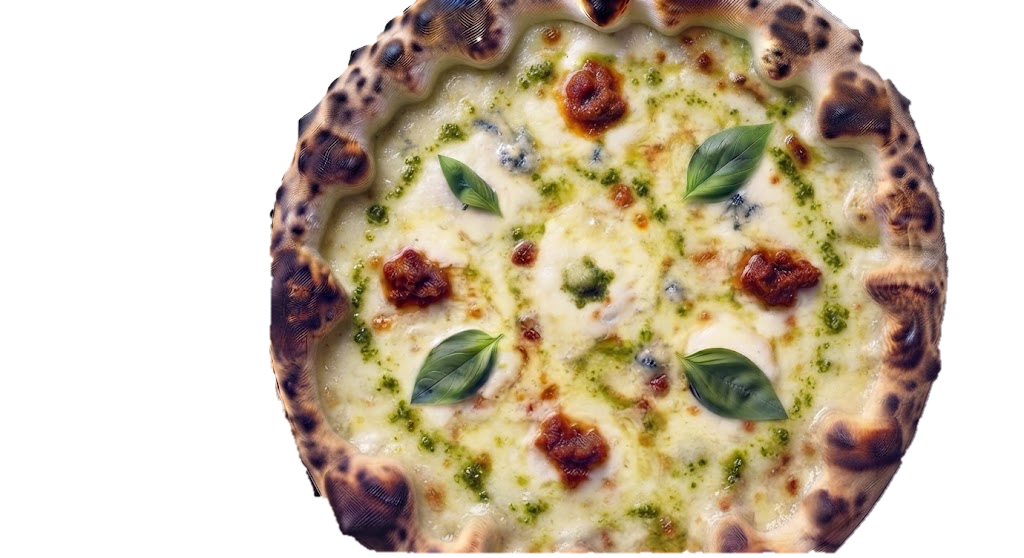 Pizza NDuja : crème liquide, Pesto, Fior di latte, Nduja, Gorgonzola