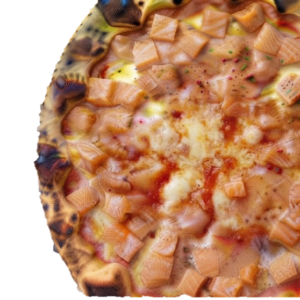 Pizza Norvégienne : tomate, Fior di latte, Saumon mariné, Citron, Herbes fraîches