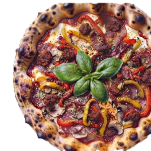 Pizza Oriental : tomate, Fior di latte, Merguez, Poivrons, Épices
