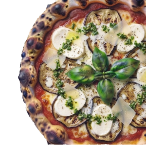 Pizza Parmigianna : tomate, Fior di latte, Aubergines grillées, Tranches de mozza, Copeaux de parmesan, Persillade