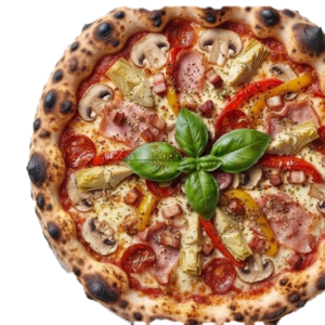 Pizza Paysanne : tomate, Fior di latte, Champignons, Jambon, Lardons, Coeur d’artichaut, Poivrons, Chorizo