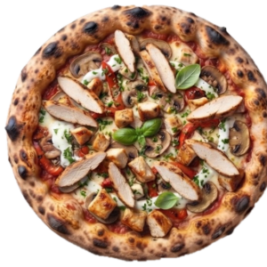 Pizza Poulet : tomate, Fior di latte, Champignons, Poulet, Poivrons, Crème, Persillade