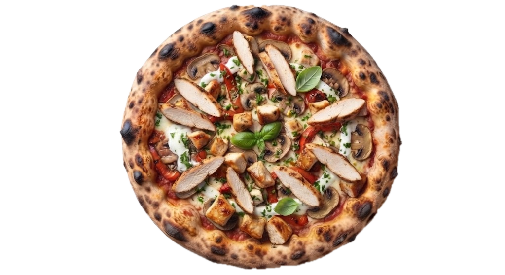 Pizza Poulet : tomate, Fior di latte, Champignons, Poulet, Poivrons, Crème, Persillade