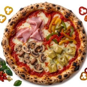 Pizza Quatre Saisons : tomate, Fior di latte, Jambon, Champignons, Poivrons, Coeur d’artichaut