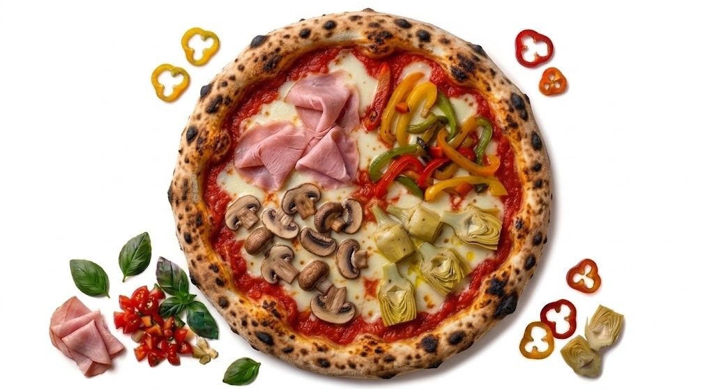 Pizza Quatre Saisons : tomate, Fior di latte, Jambon, Champignons, Poivrons, Coeur d’artichaut