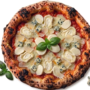 Pizza Quatro Formaggi : tomate, Fior di latte, Chèvre, Roquefort, Tranches de mozza, Copeaux de parmesan