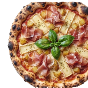 Pizza Raclette : tomate, Fior di latte, Raclette, Pommes de terre, Jambon blanc/Parme ou viande hachée