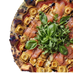 Pizza Raviole Del Mare : tomate, Fior di latte, Ravioles, Saumon mariné, Roquette, Basilic, Vinaigre balsamique