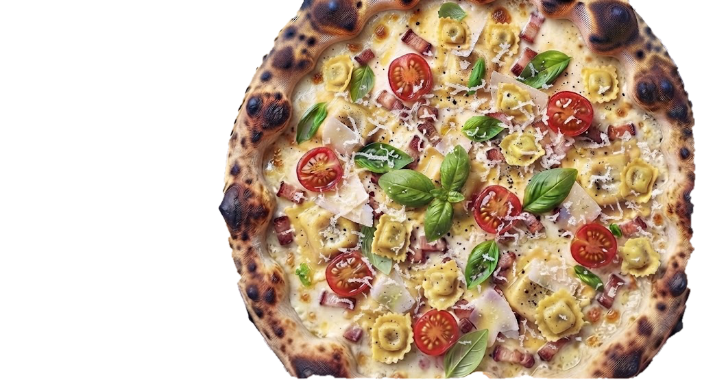 Pizza Raviole : crème liquide, Fior di latte, Ravioles, Lardons, Emmental, Basilic, Tomates cerise, Copeaux de parmesan