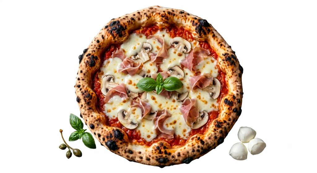 Pizza Reine : tomate, Fior di latte, Champignons, Jambon