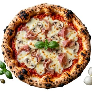 Pizza Reine : tomate, Fior di latte, Champignons, Jambon