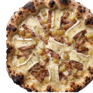 Pizza Tartiflette : crème liquide, Fior di latte, Reblochon, Pommes de terre, Lardons, Oignons confits