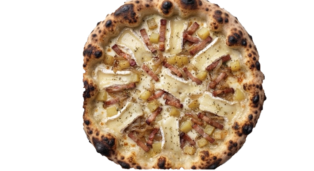 Pizza Tartiflette : crème liquide, Fior di latte, Reblochon, Pommes de terre, Lardons, Oignons confits