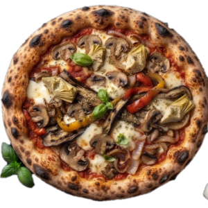 Pizza Végétarienne : tomate, Fior di latte, Champignons, Aubergines grillées, Poivrons, Coeur d’artichaut, Oignons