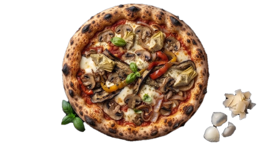 Pizza Végétarienne : tomate, Fior di latte, Champignons, Aubergines grillées, Poivrons, Coeur d’artichaut, Oignons